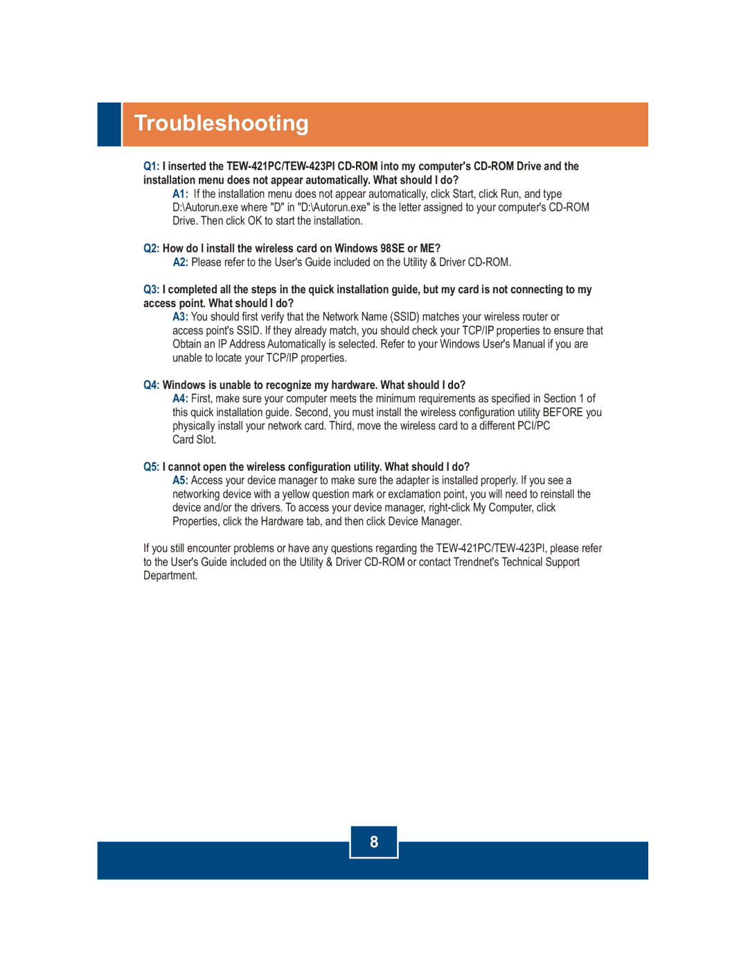 TRENDnet TEW-421PC, TEW-423PI, Wireless Adapter manual Troubleshooting 