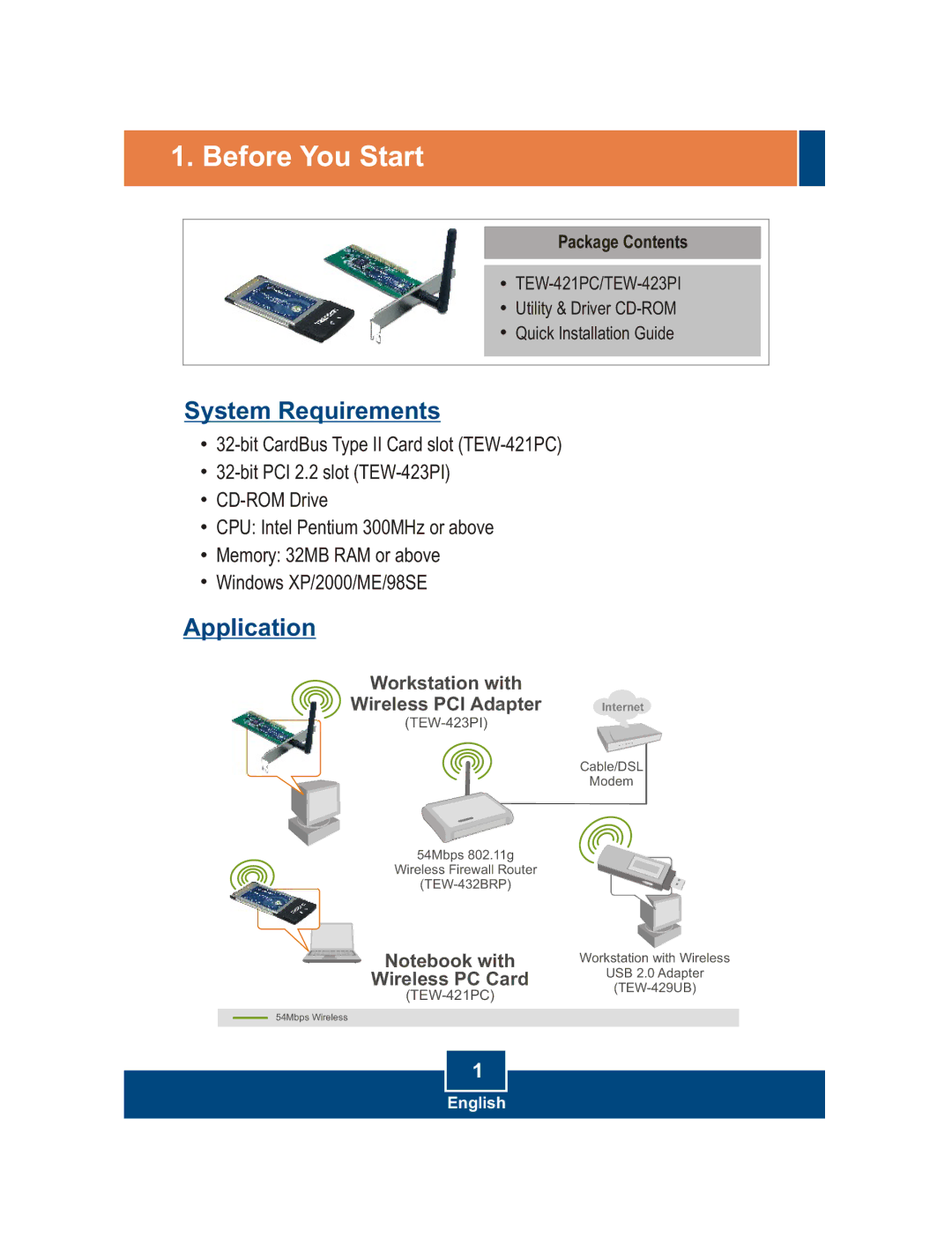 TRENDnet TEW-423PI, TEW-421PC, Wireless Adapter manual Before You Start, System Requirements, Application 