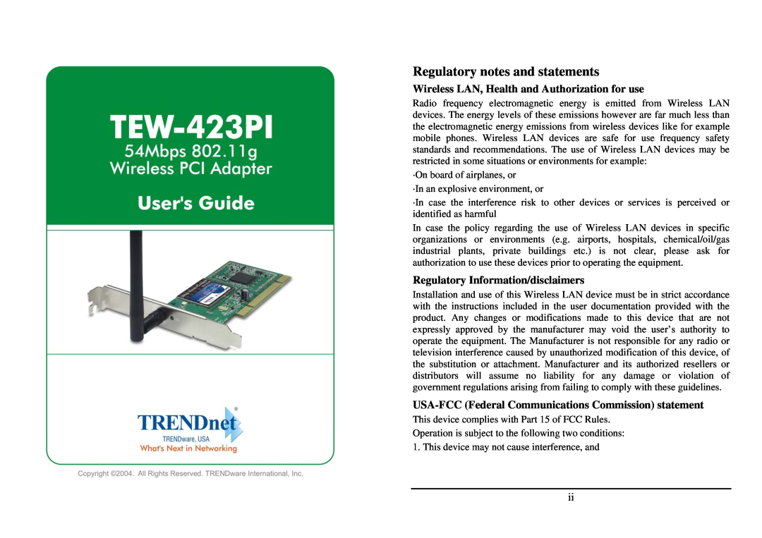 TRENDnet TEW-423PI manual Wireless LAN, Health and Authorization for use, Regulatory Information/disclaimers 