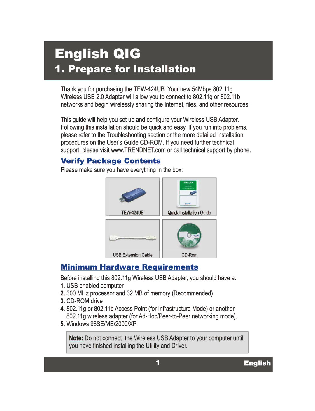 TRENDnet Wireless USB 2.0 Adaptor, TEW-424UB manual 
