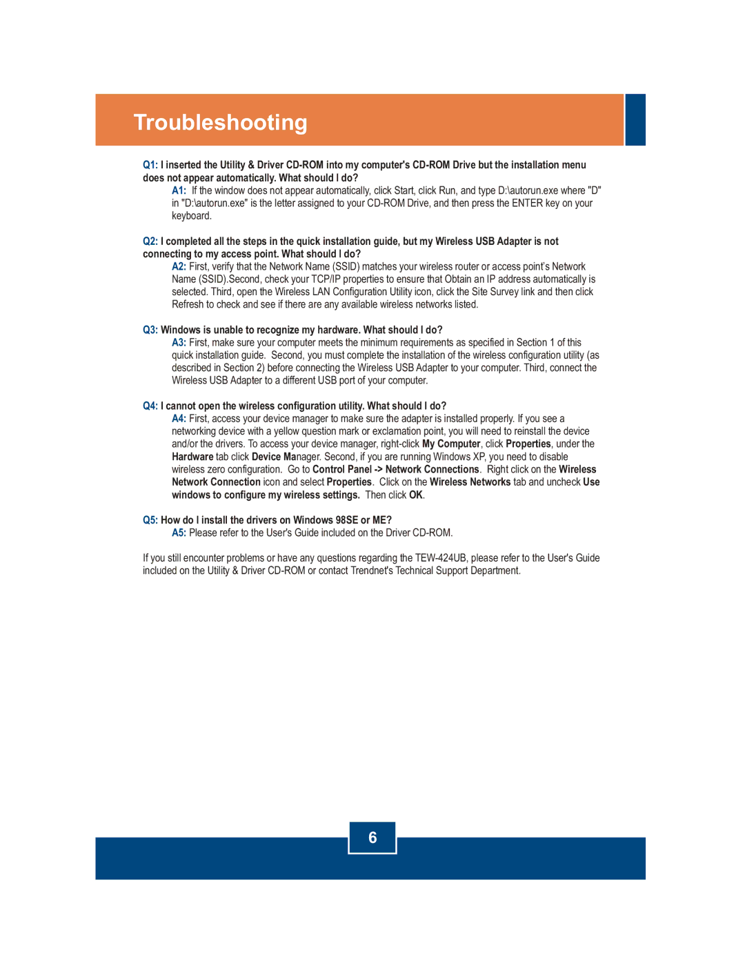 TRENDnet TEW-424UB manual Troubleshooting, Q5 How do I install the drivers on Windows 98SE or ME? 