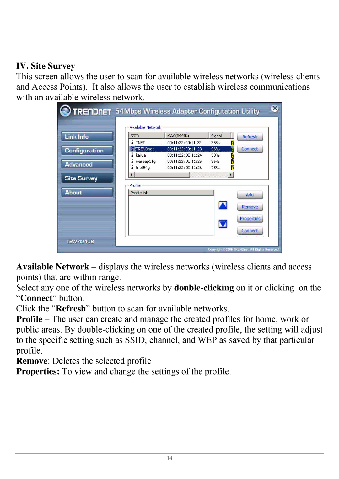 TRENDnet TEW-424UB manual IV. Site Survey 