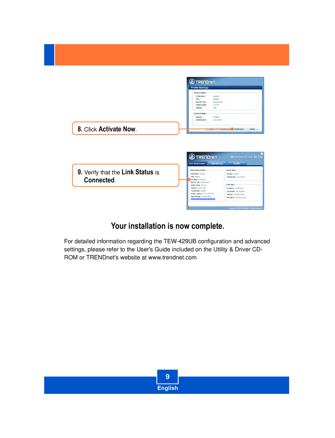 TRENDnet TEW-428UB manual Click Activate Now 