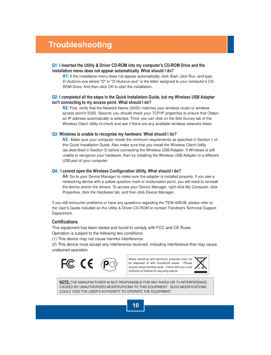 TRENDnet TEW-428UB manual Troubleshooting, Certifications 