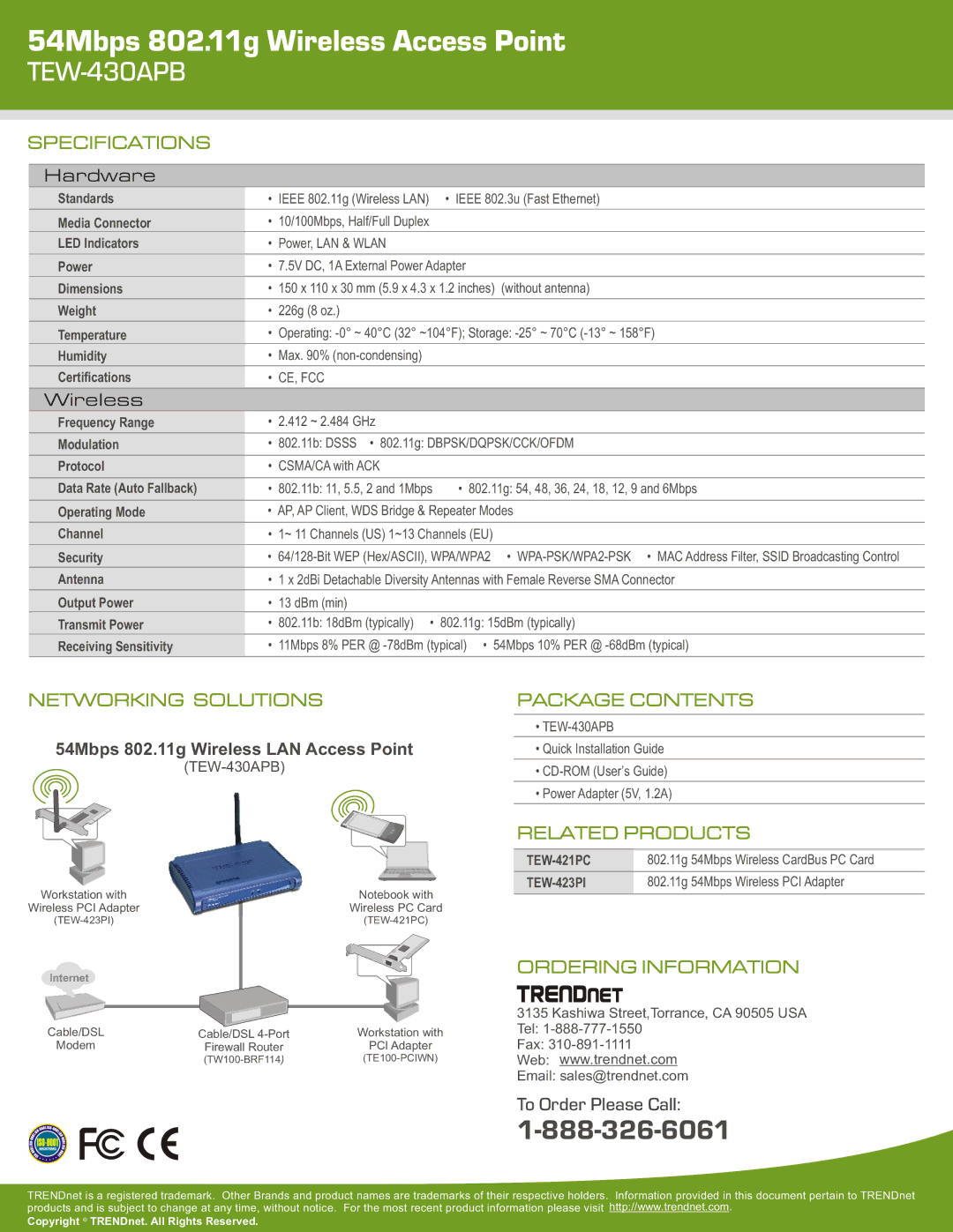 TRENDnet TEW-430APB (c1) Specifications, Networking Solutions Package Contents, Related Products, Ordering Information 