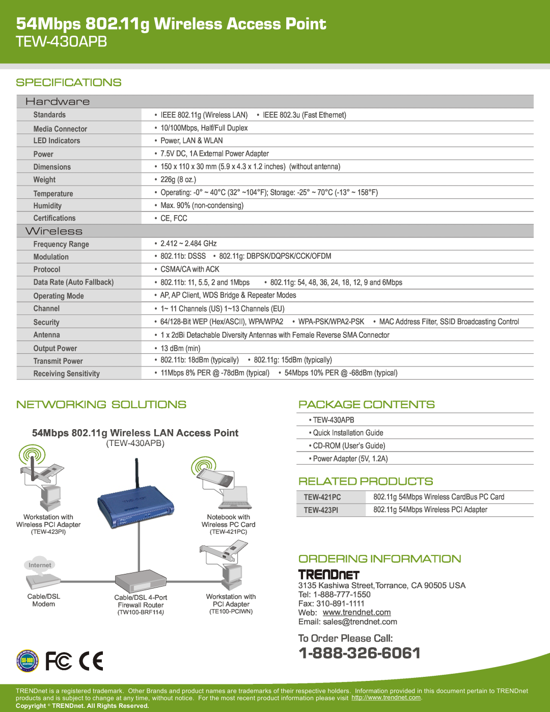 TRENDnet TEW-430APB (c1) warranty 54Mbps 802.11g Wireless Access Point, Specifications, Hardware, Networking Solutions 