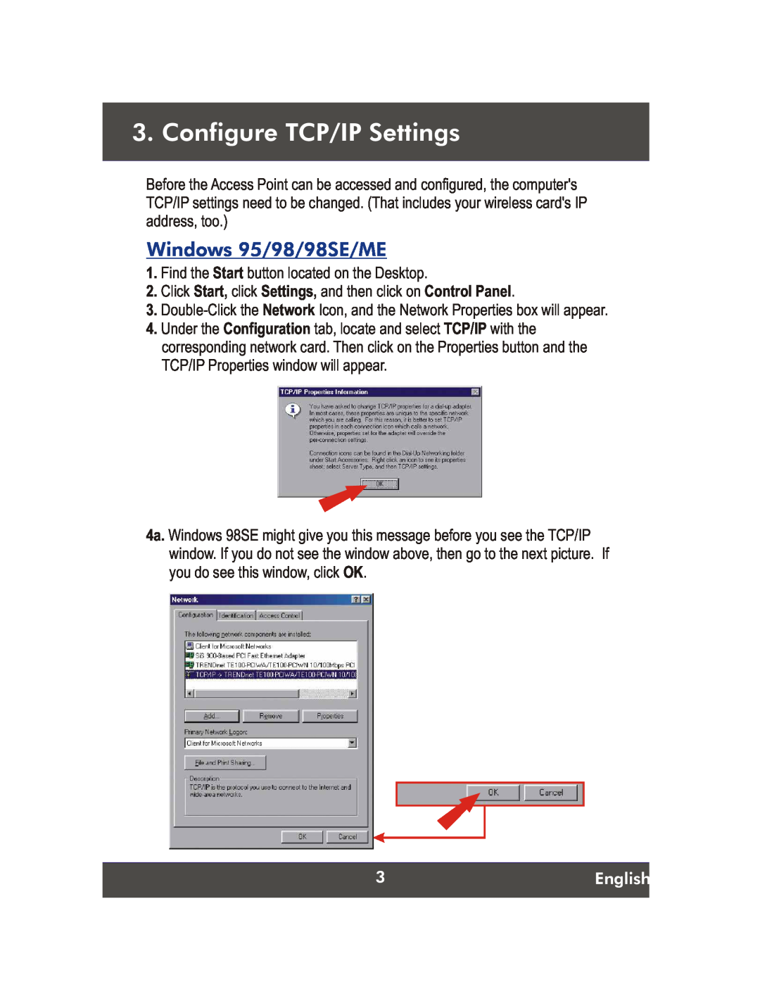 TRENDnet Wireless G LAN Access Point, TEW-430APB manual Configure TCP/IP Settings, Windows 95/98/98SE/ME, English 