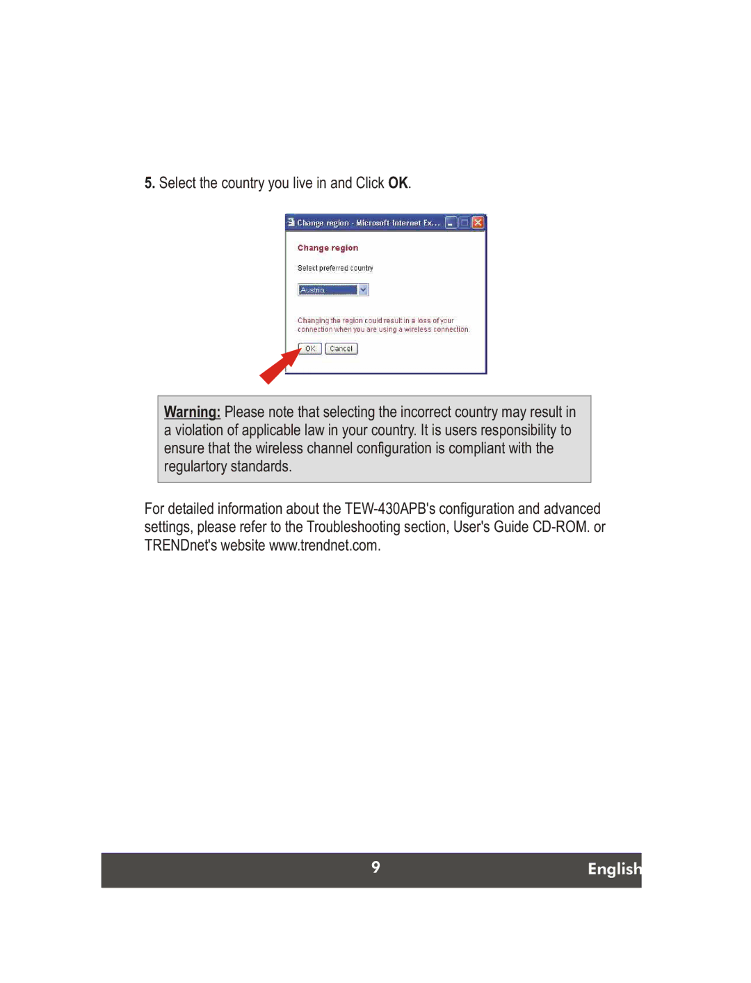 TRENDnet Wireless G LAN Access Point, TEW-430APB manual Select the country you live in and Click OK 