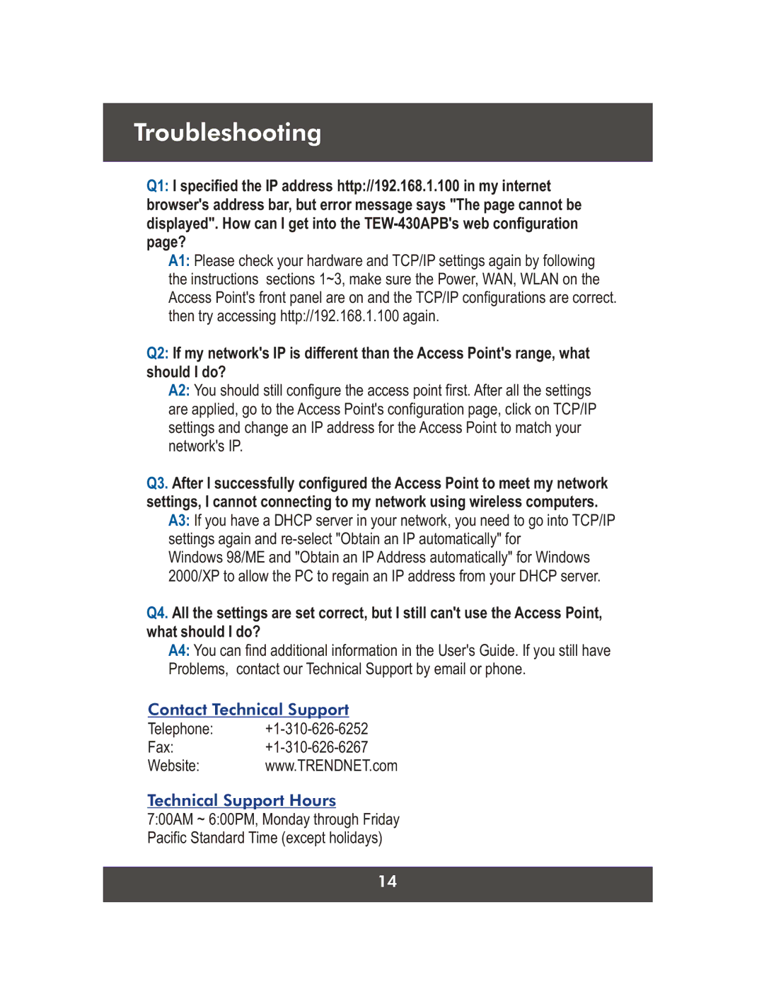 TRENDnet TEW-430APB, Wireless G LAN Access Point manual Troubleshooting 