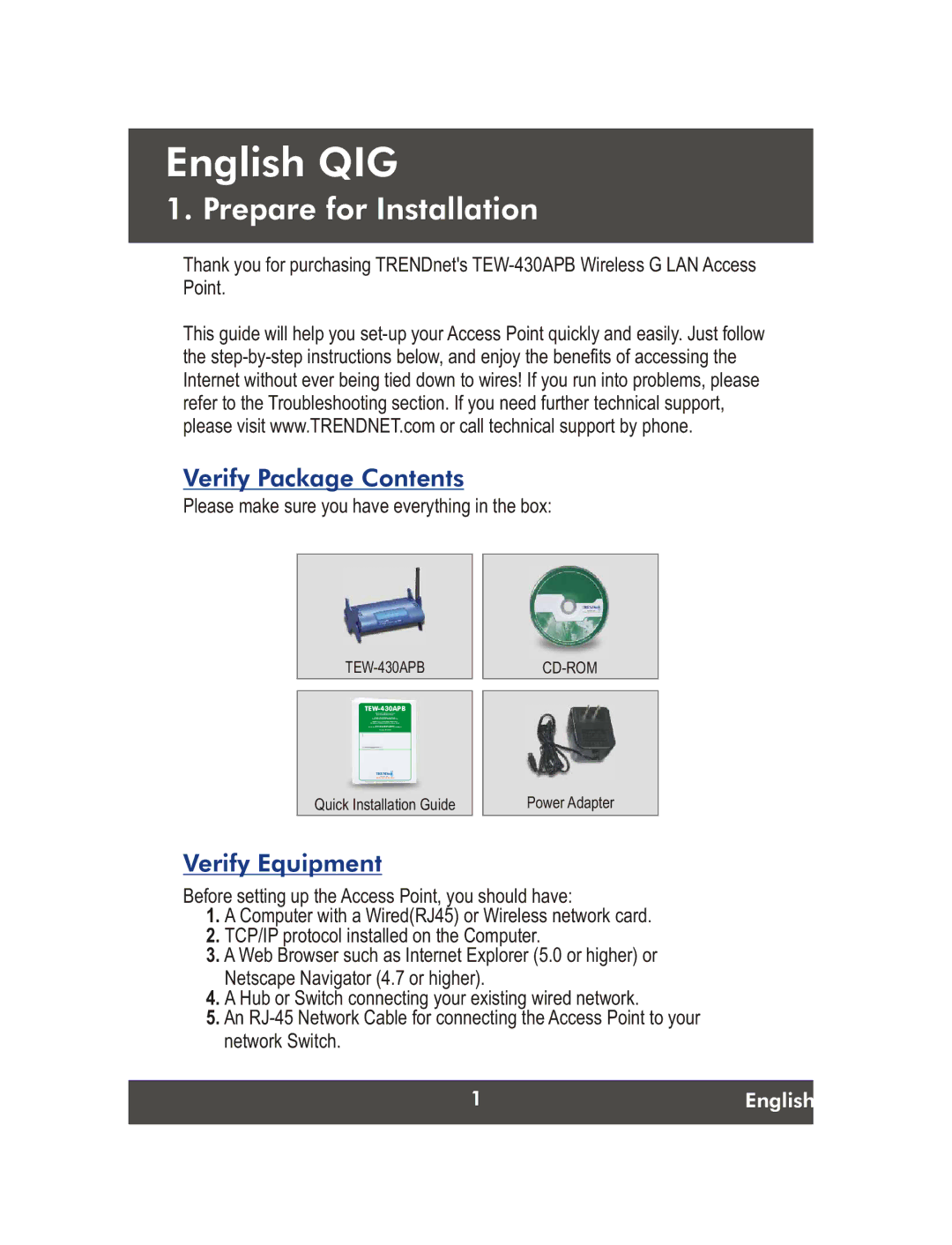 TRENDnet Wireless G LAN Access Point, TEW-430APB manual Prepare for Installation, Verify Package Contents, Verify Equipment 