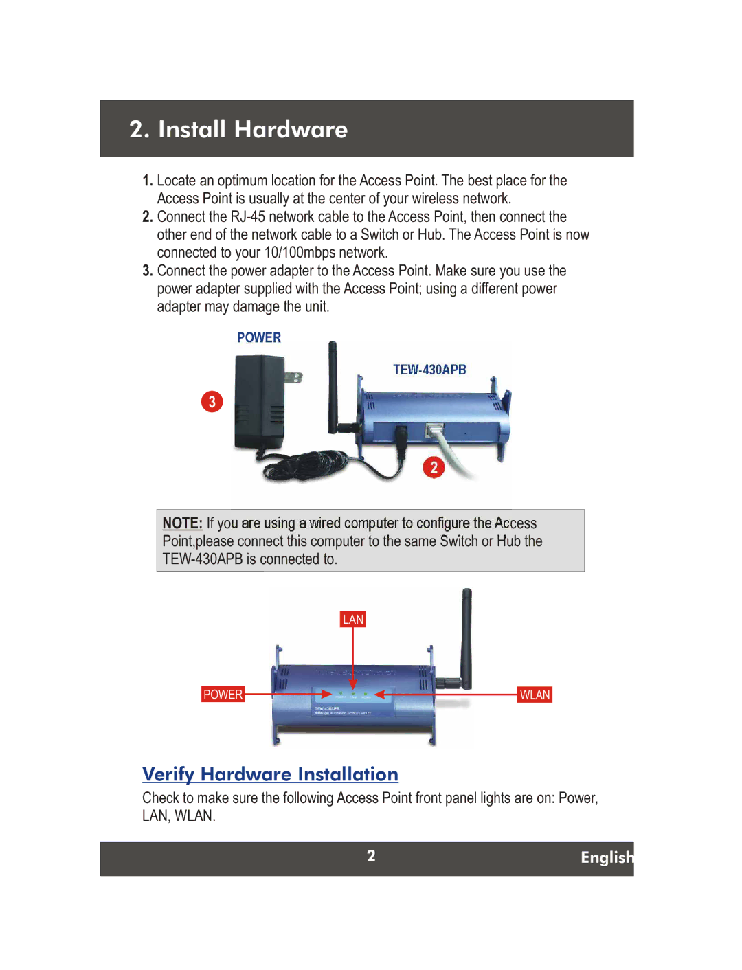 TRENDnet TEW-430APB, Wireless G LAN Access Point manual Install Hardware, Verify Hardware Installation 