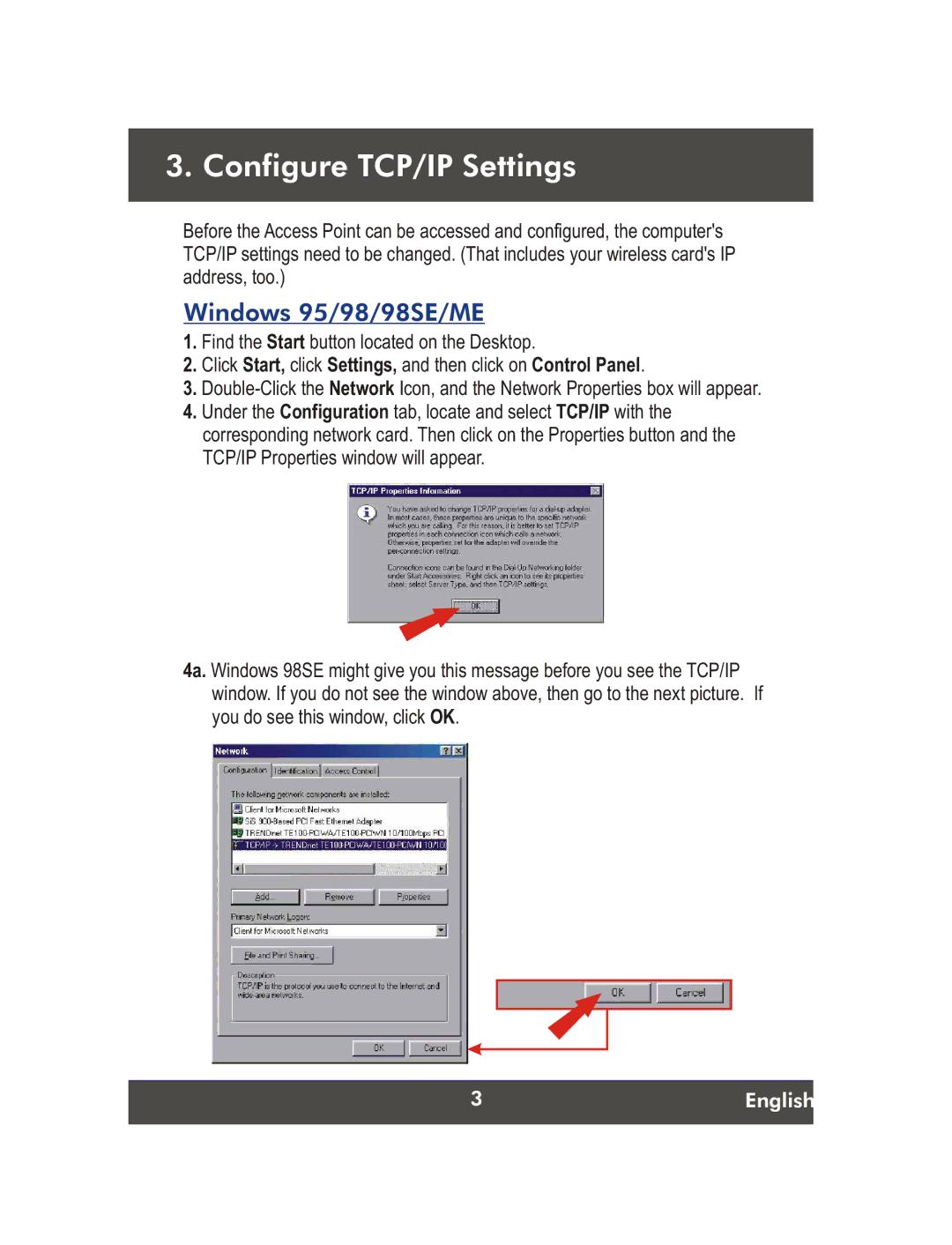 TRENDnet Wireless G LAN Access Point, TEW-430APB manual Configure TCP/IP Settings, Windows 95/98/98SE/ME 