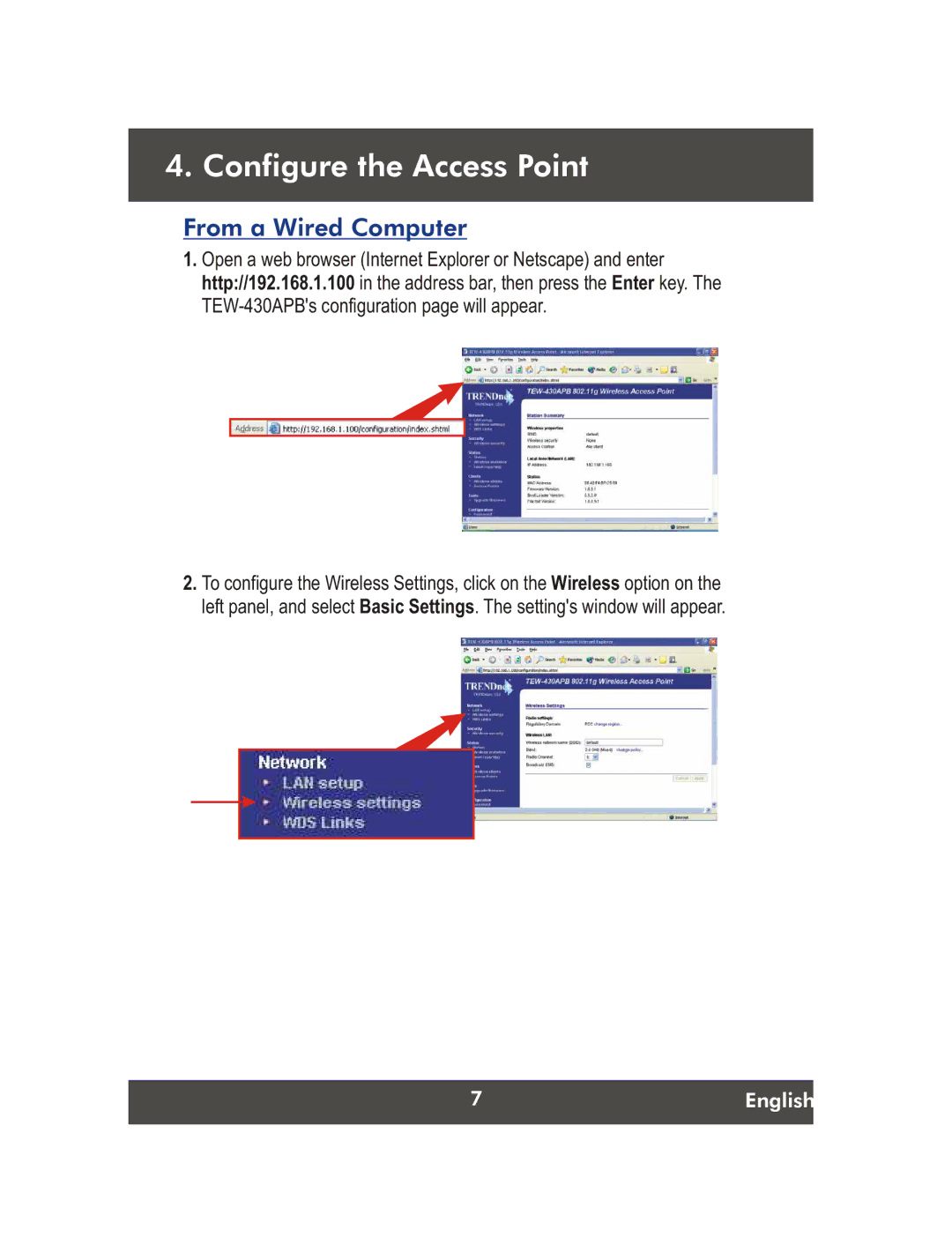 TRENDnet Wireless G LAN Access Point, TEW-430APB manual Configure the Access Point, From a Wired Computer 