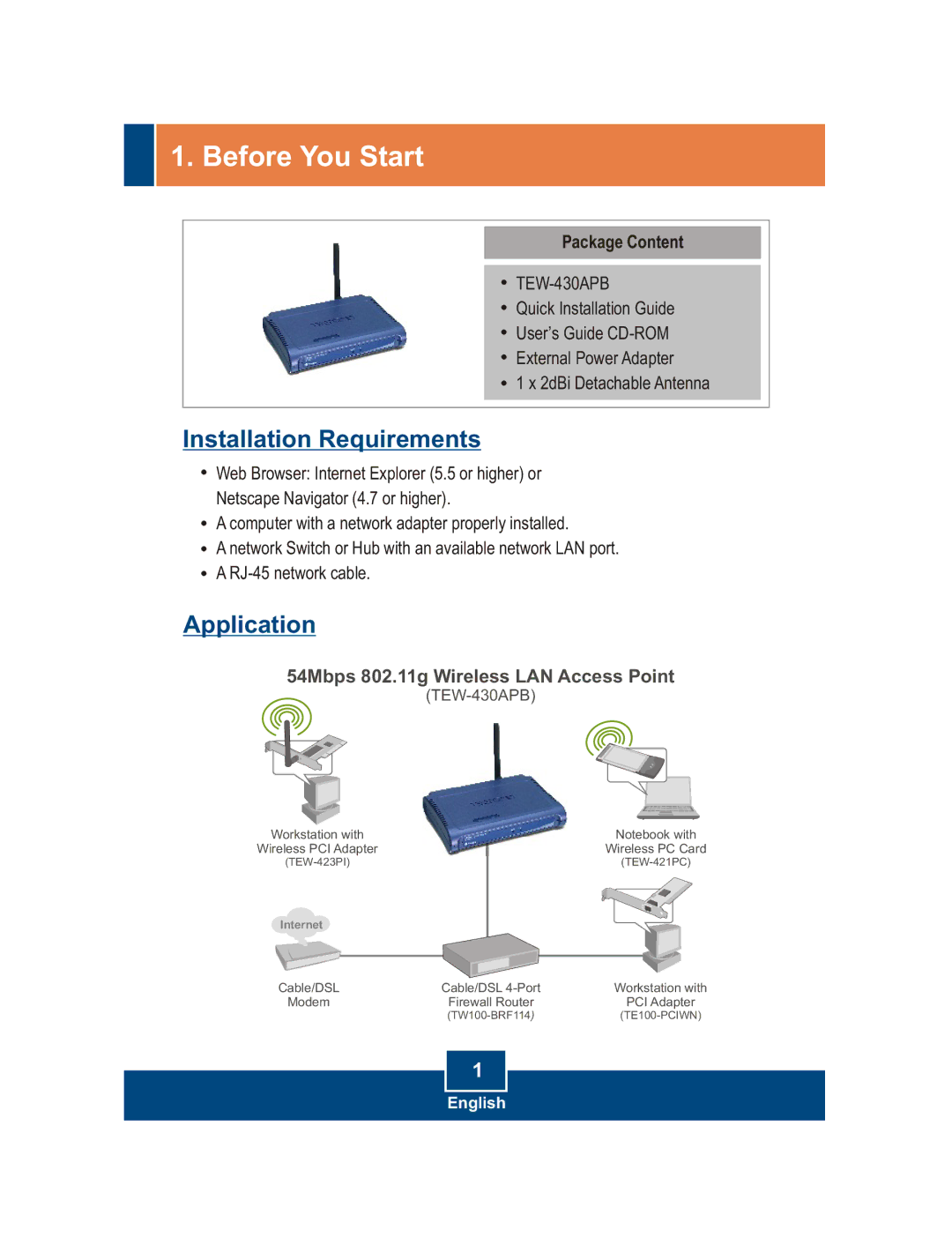 TRENDnet TEW-430APB manual Before You Start, Package Content 