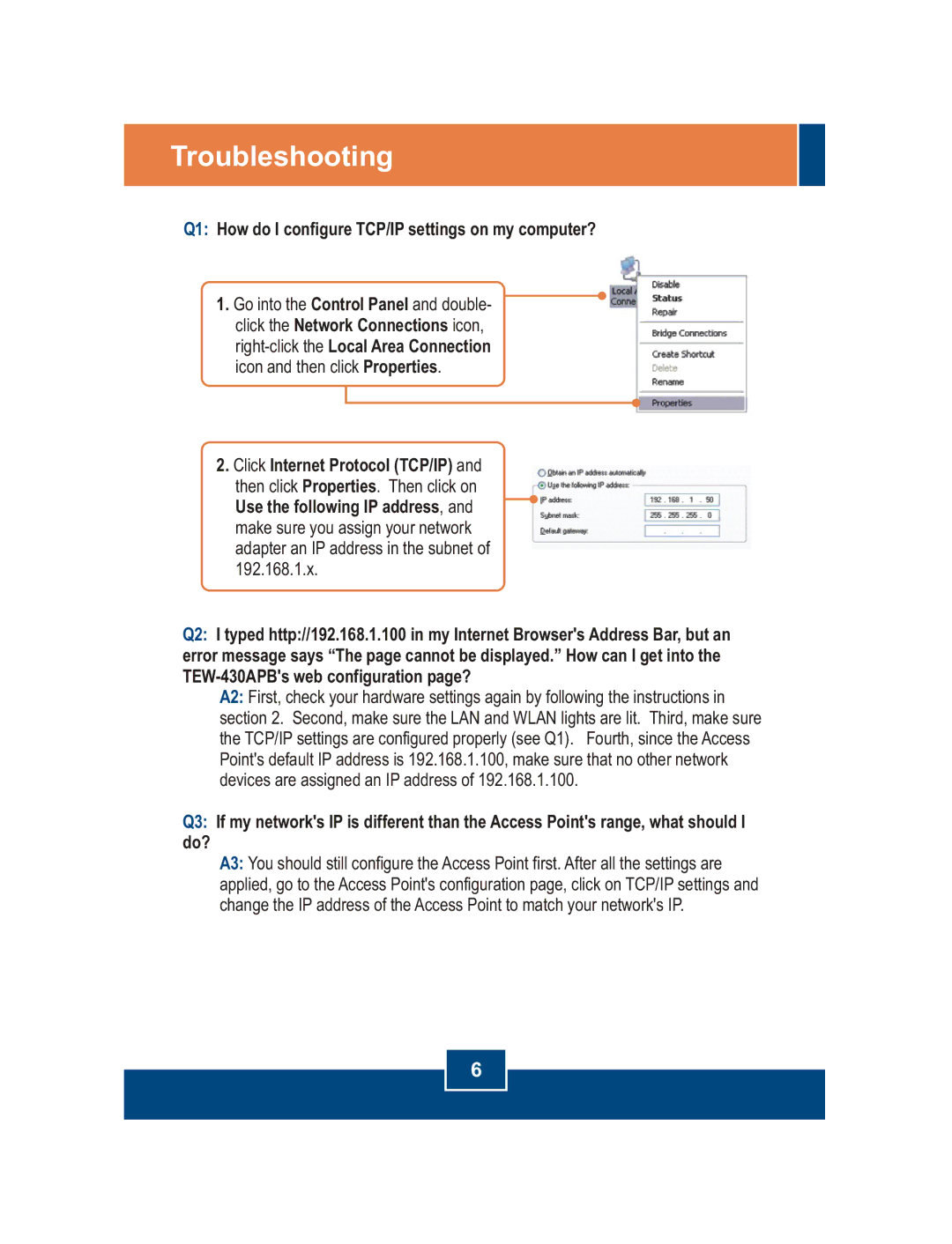 TRENDnet TEW-430APB manual Troubleshooting, Q1 How do I configure TCP/IP settings on my computer? 