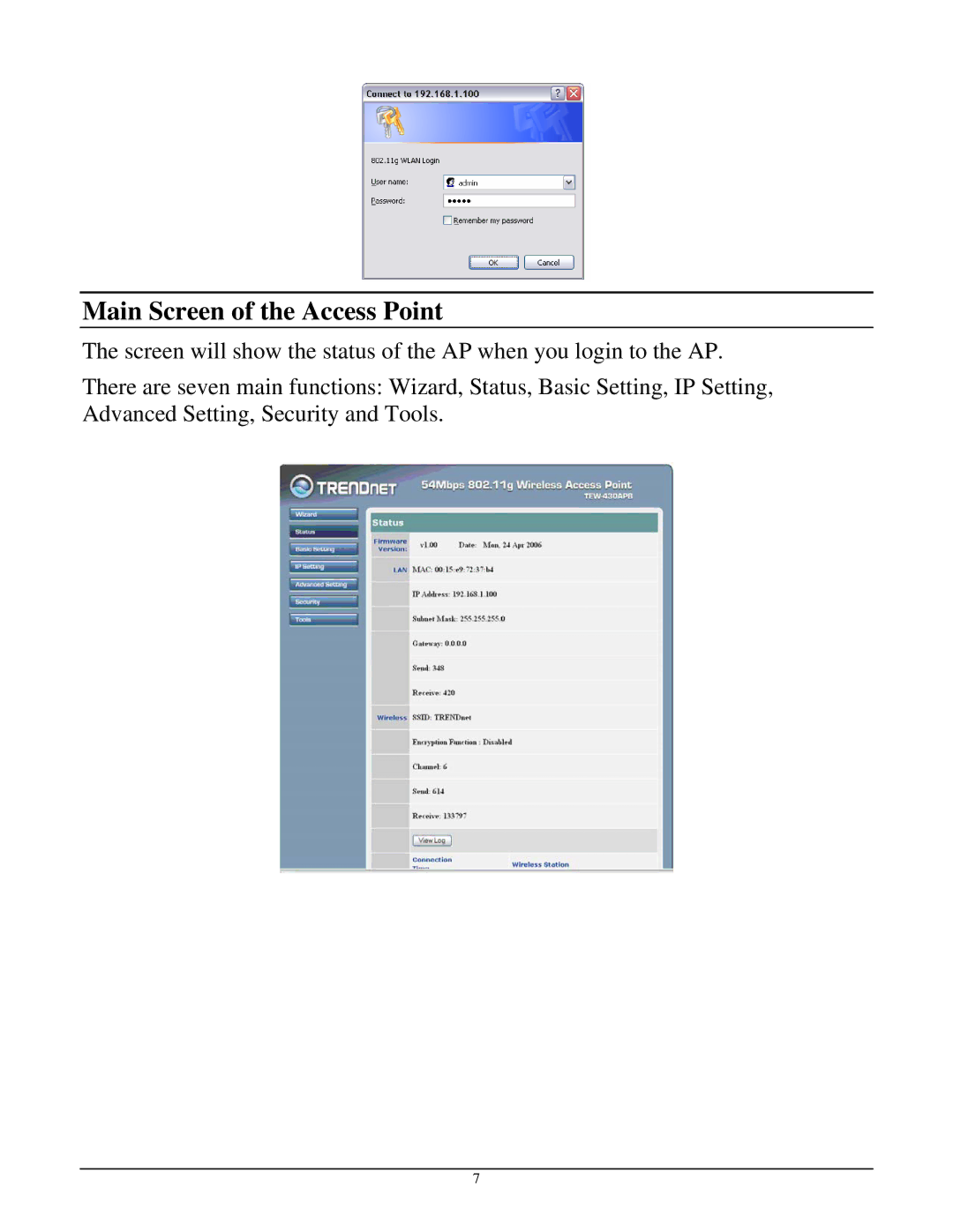 TRENDnet TEW-430APB manual Main Screen of the Access Point 