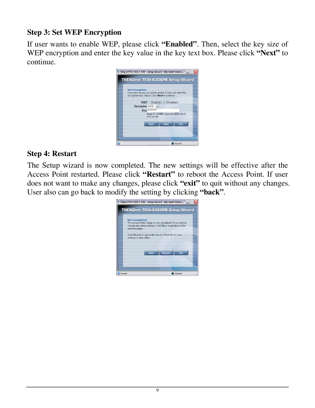 TRENDnet TEW-430APB manual Set WEP Encryption, Restart 