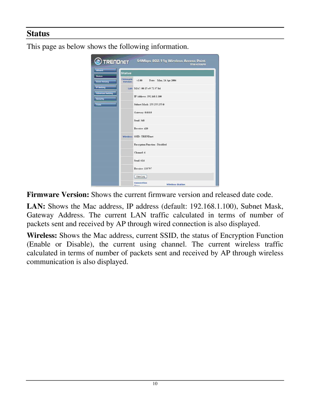 TRENDnet TEW-430APB manual Status 