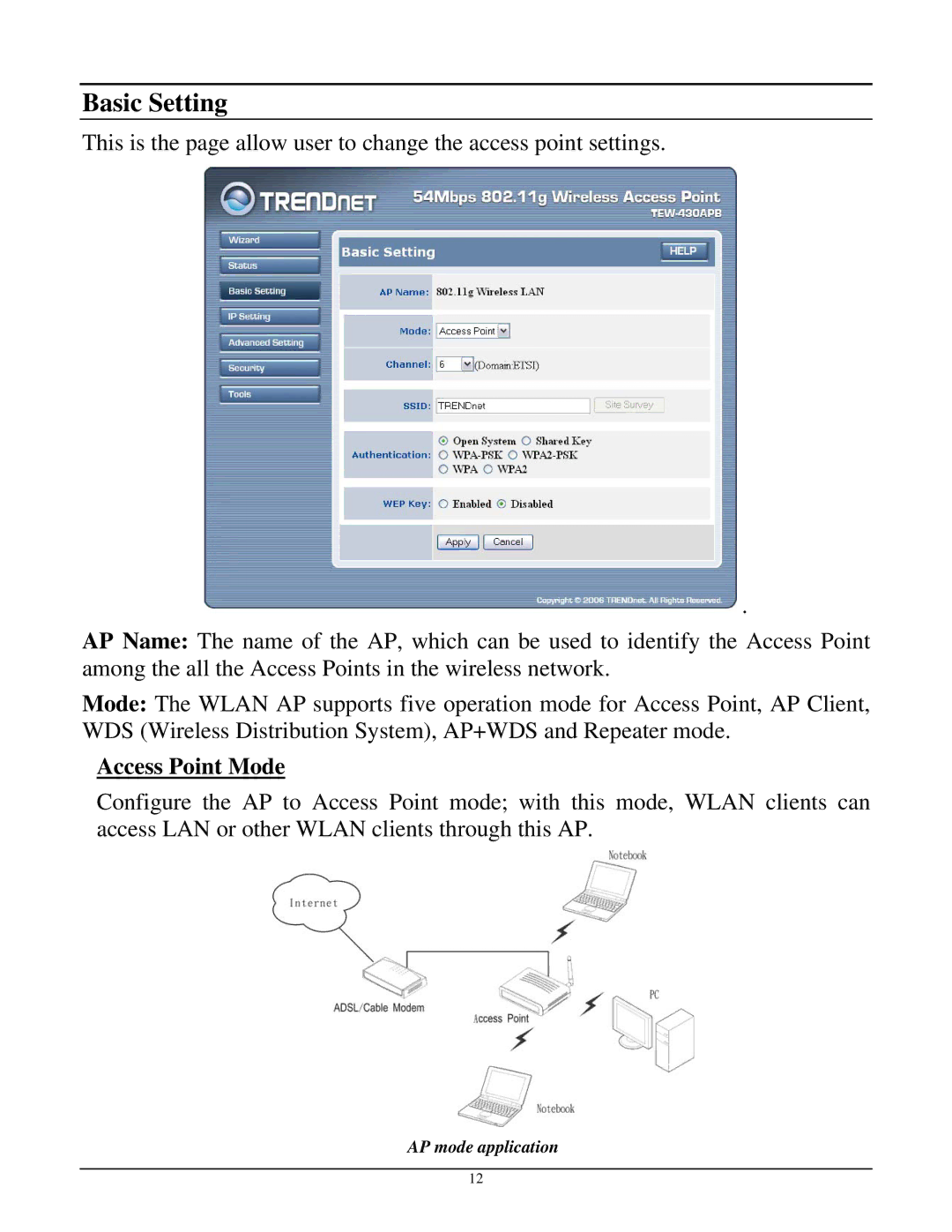 TRENDnet TEW-430APB manual Basic Setting, Access Point Mode 