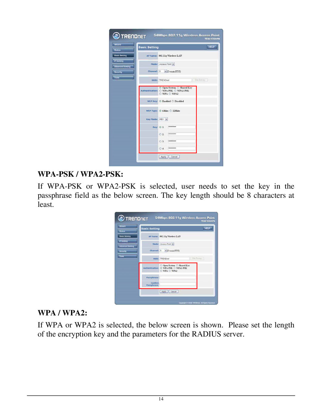 TRENDnet TEW-430APB manual WPA-PSK / WPA2-PSK 