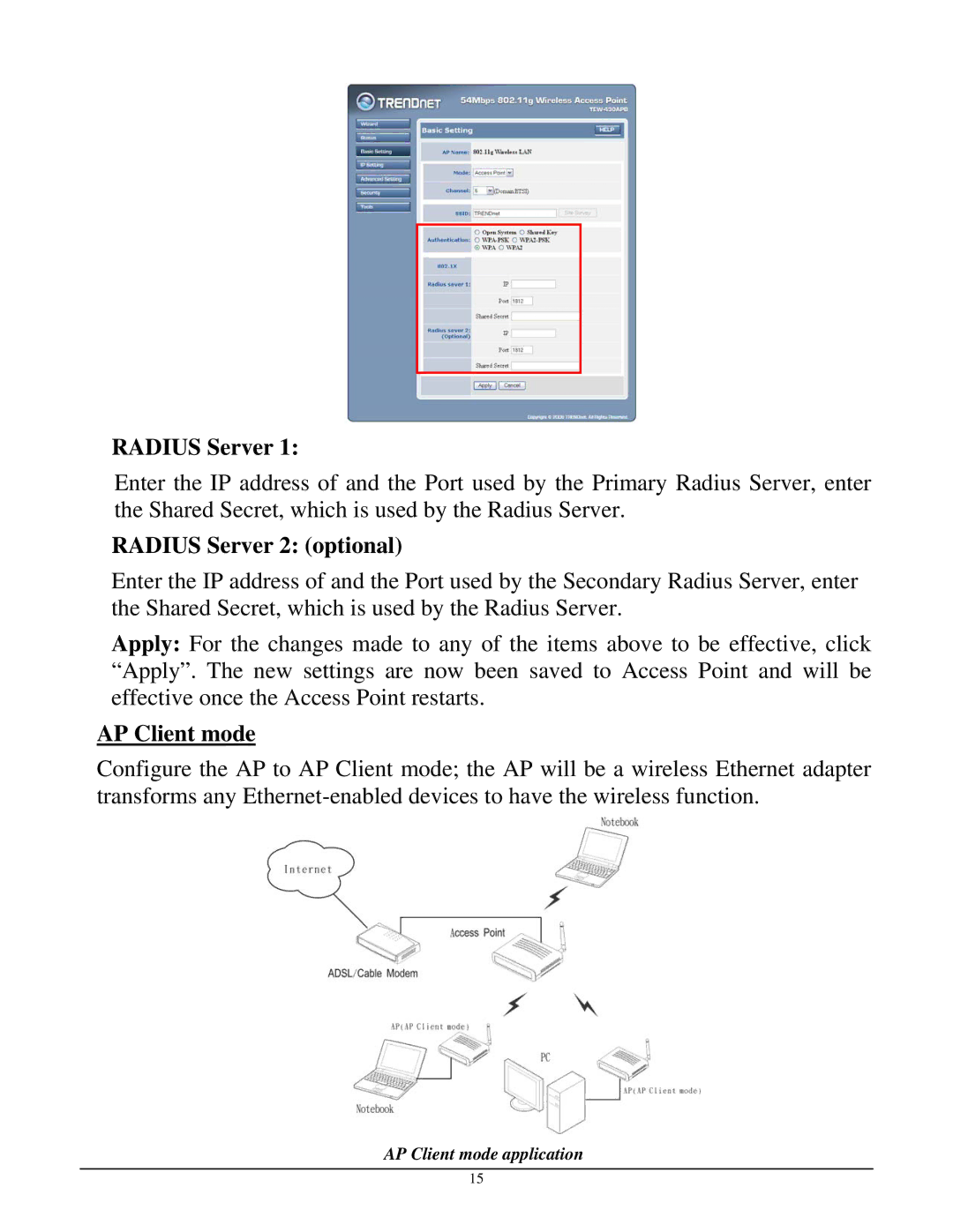 TRENDnet TEW-430APB manual Radius Server 2 optional, AP Client mode 