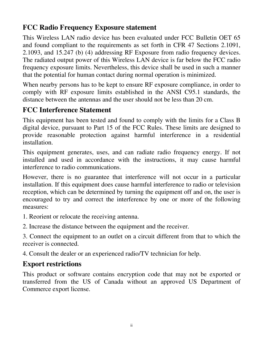 TRENDnet TEW-430APB manual FCC Radio Frequency Exposure statement, FCC Interference Statement, Export restrictions 