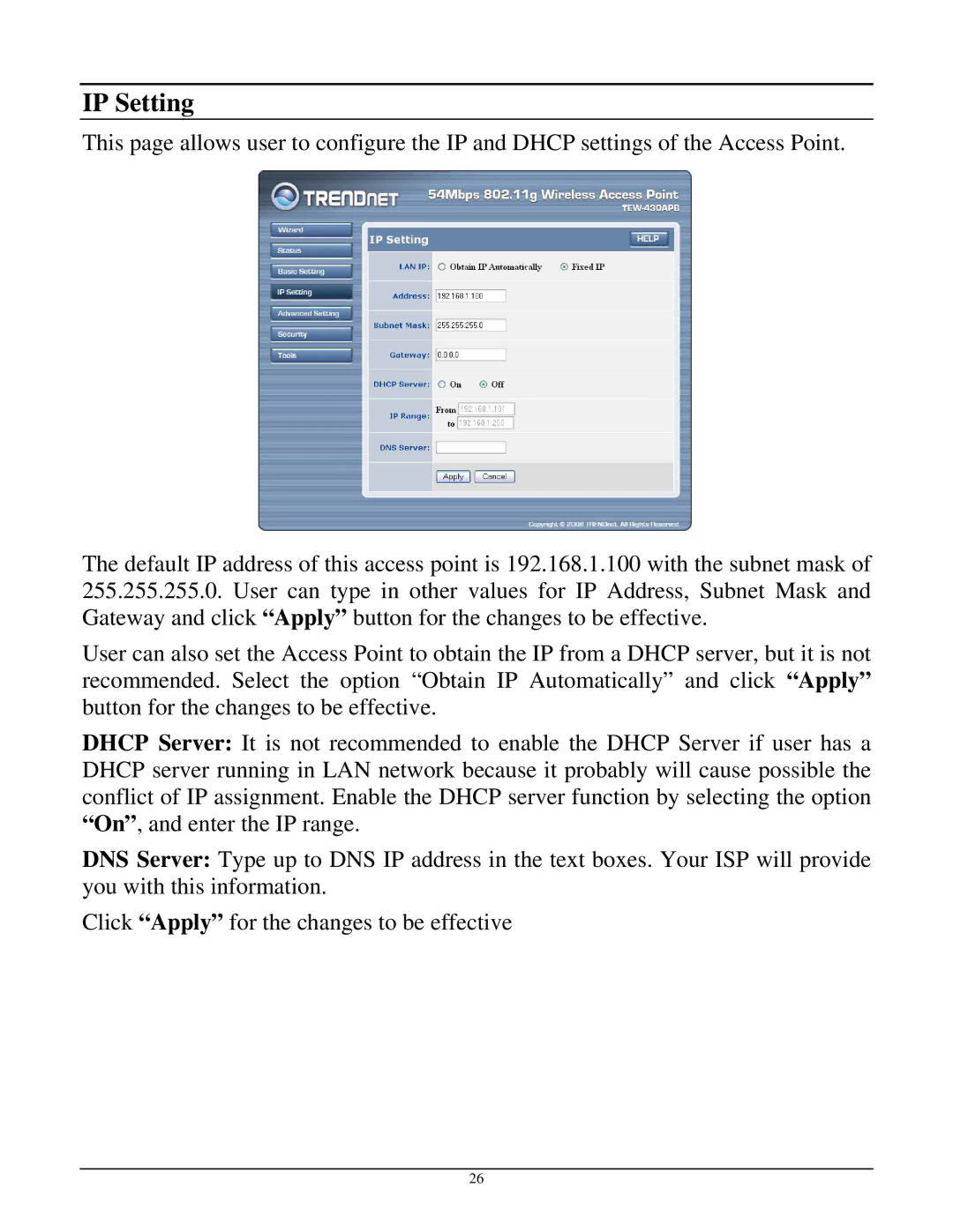 TRENDnet TEW-430APB manual IP Setting 