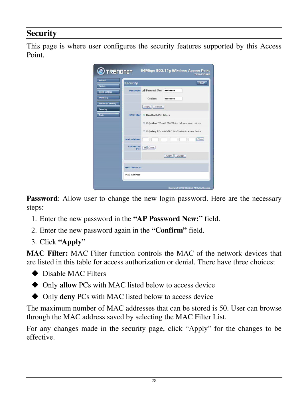 TRENDnet TEW-430APB manual Security, Click Apply 