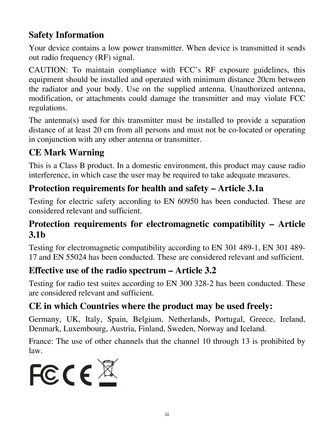 TRENDnet TEW-430APB manual Safety Information, CE Mark Warning, Protection requirements for health and safety Article 3.1a 