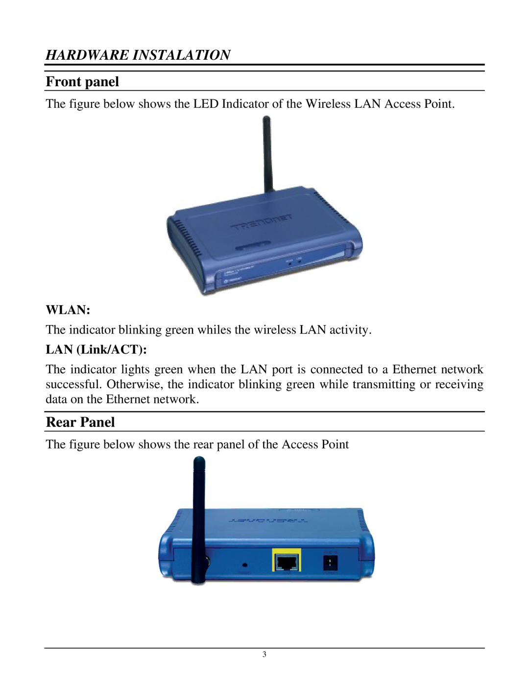 TRENDnet TEW-430APB manual Front panel, Rear Panel, LAN Link/ACT 