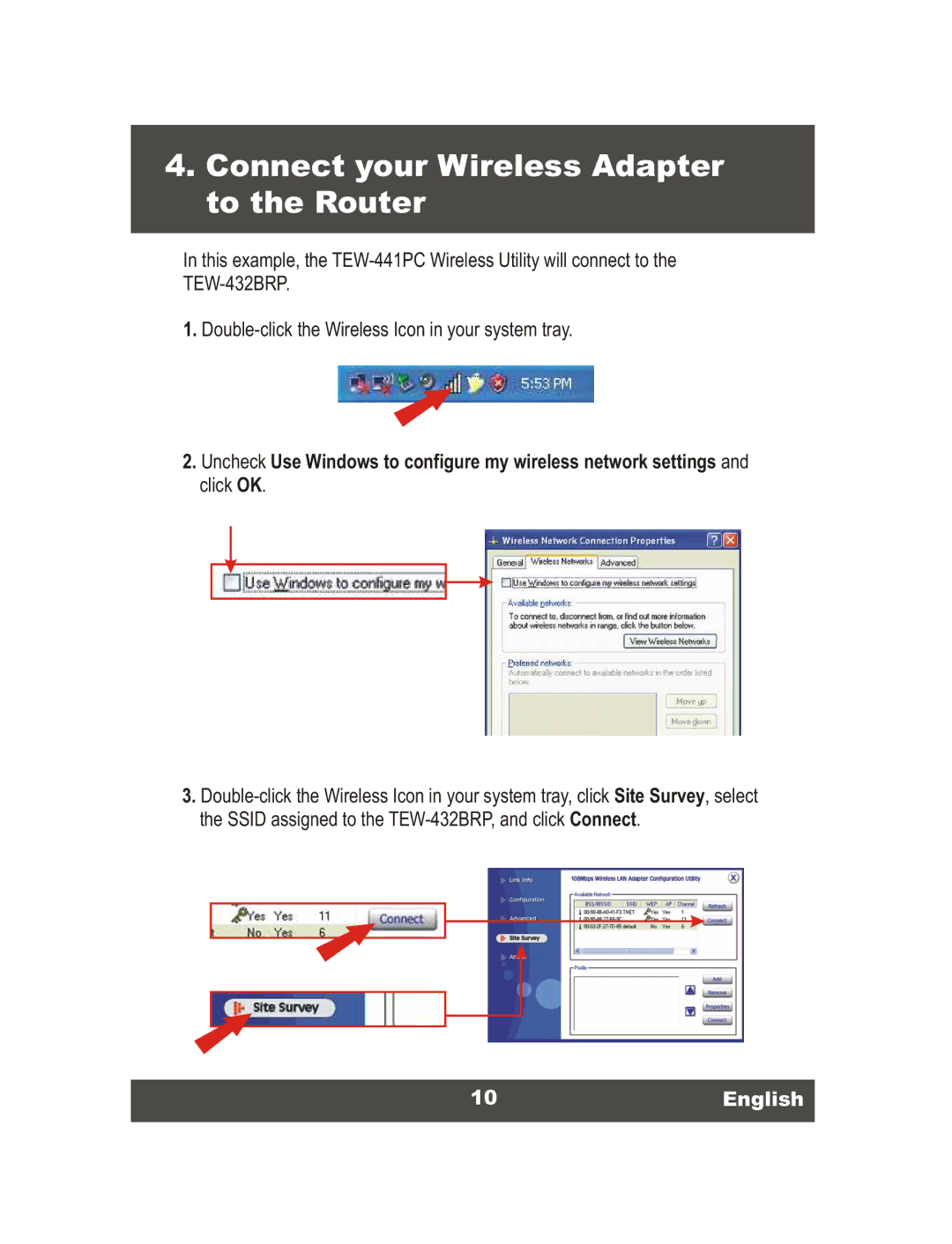 TRENDnet TEW-432BRP, 54Mbps 802.11g Wireless Router manual Connect your Wireless Adapter to the Router, 10English 