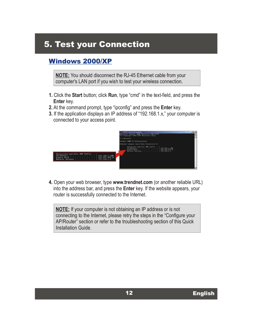 TRENDnet TEW-432BRP, 54Mbps 802.11g Wireless Router manual Test your Connection, Windows 2000/XP, 12English 