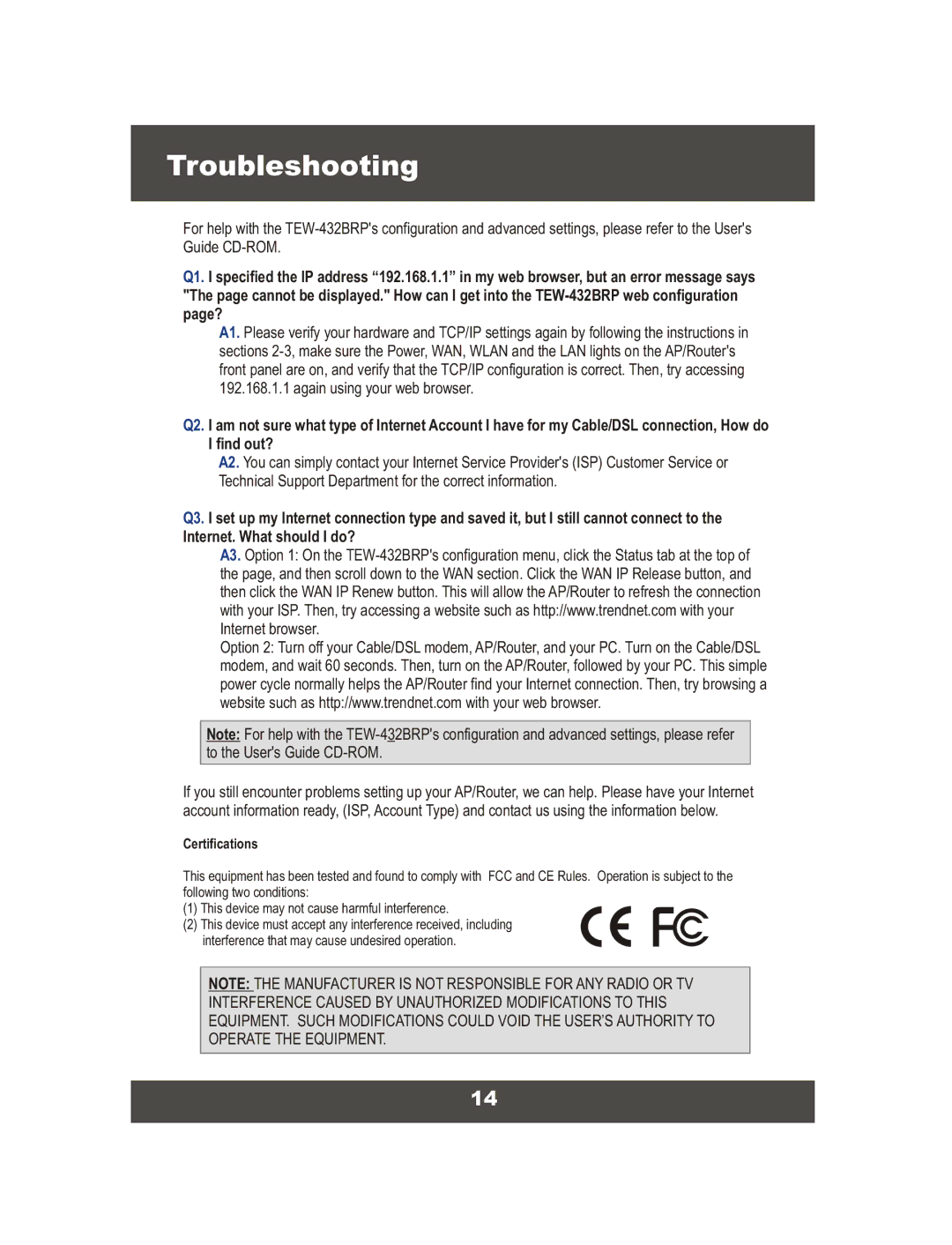 TRENDnet TEW-432BRP, 54Mbps 802.11g Wireless Router manual Troubleshooting 