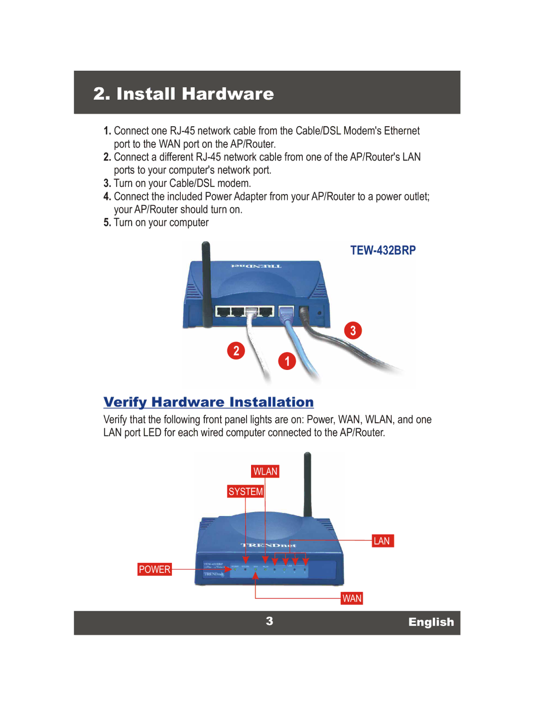 TRENDnet 54Mbps 802.11g Wireless Router, TEW-432BRP manual Install Hardware, Verify Hardware Installation, 3English 