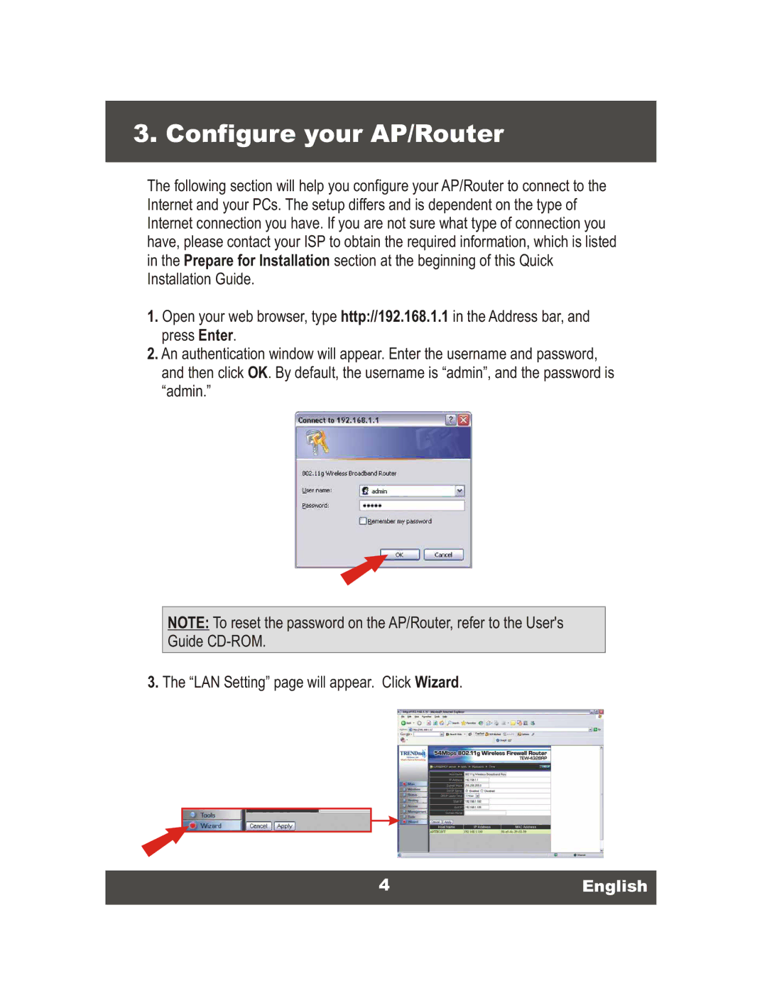 TRENDnet TEW-432BRP, 54Mbps 802.11g Wireless Router manual Configure your AP/Router, 4English 