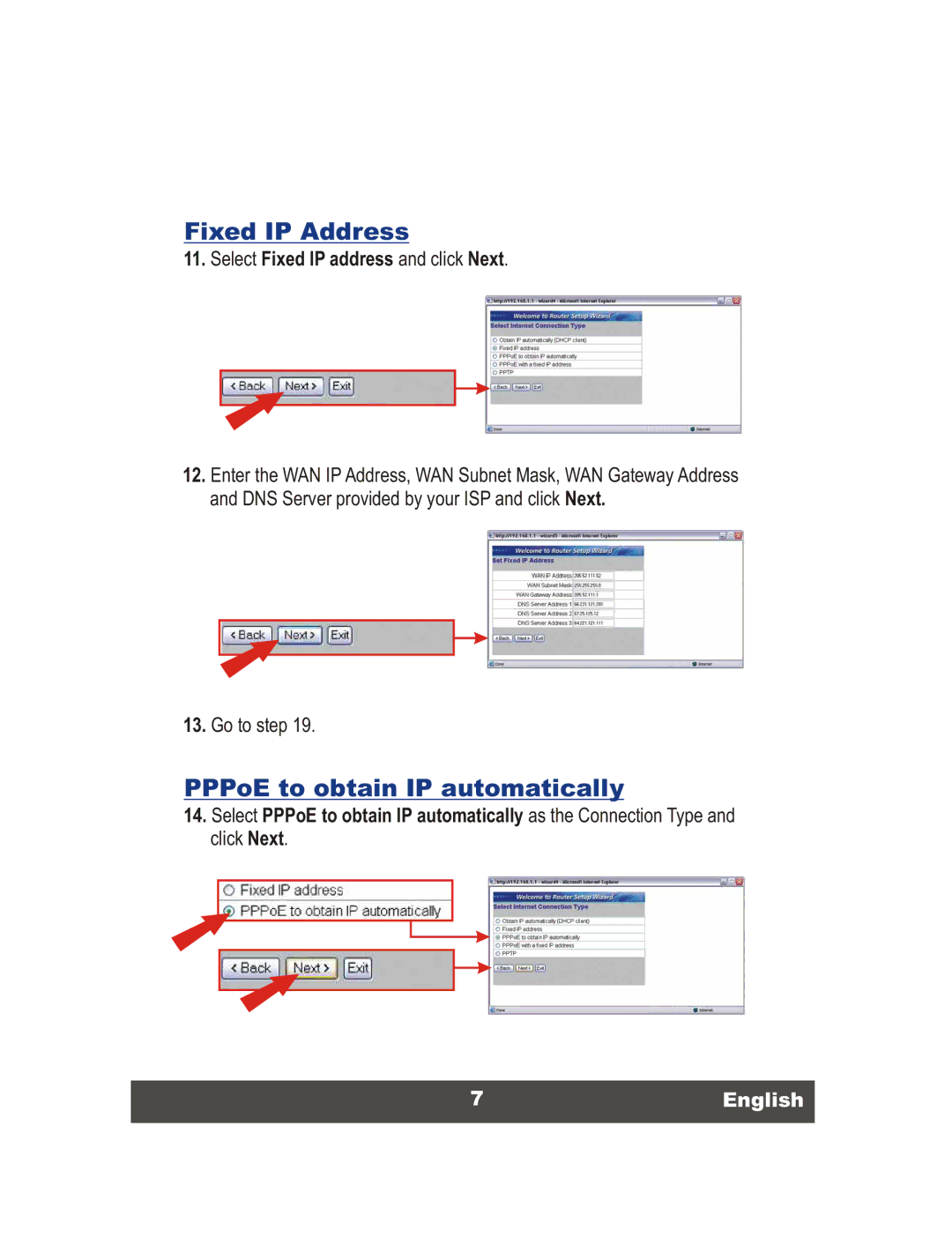 TRENDnet 54Mbps 802.11g Wireless Router, TEW-432BRP manual Fixed IP Address, PPPoE to obtain IP automatically, 7English 