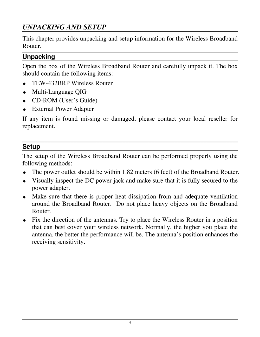 TRENDnet TEW-432BRP manual Unpacking and Setup 