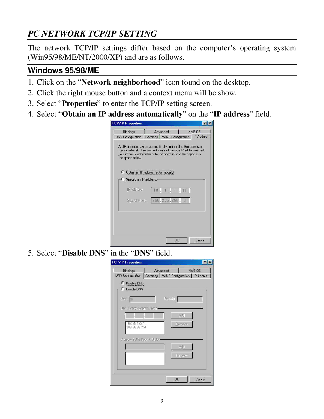 TRENDnet TEW-432BRP manual PC Network TCP/IP Setting, Windows 95/98/ME 