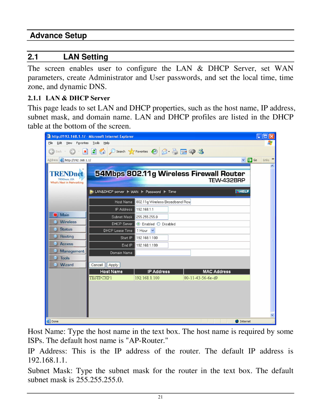 TRENDnet TEW-432BRP manual Advance Setup LAN Setting 