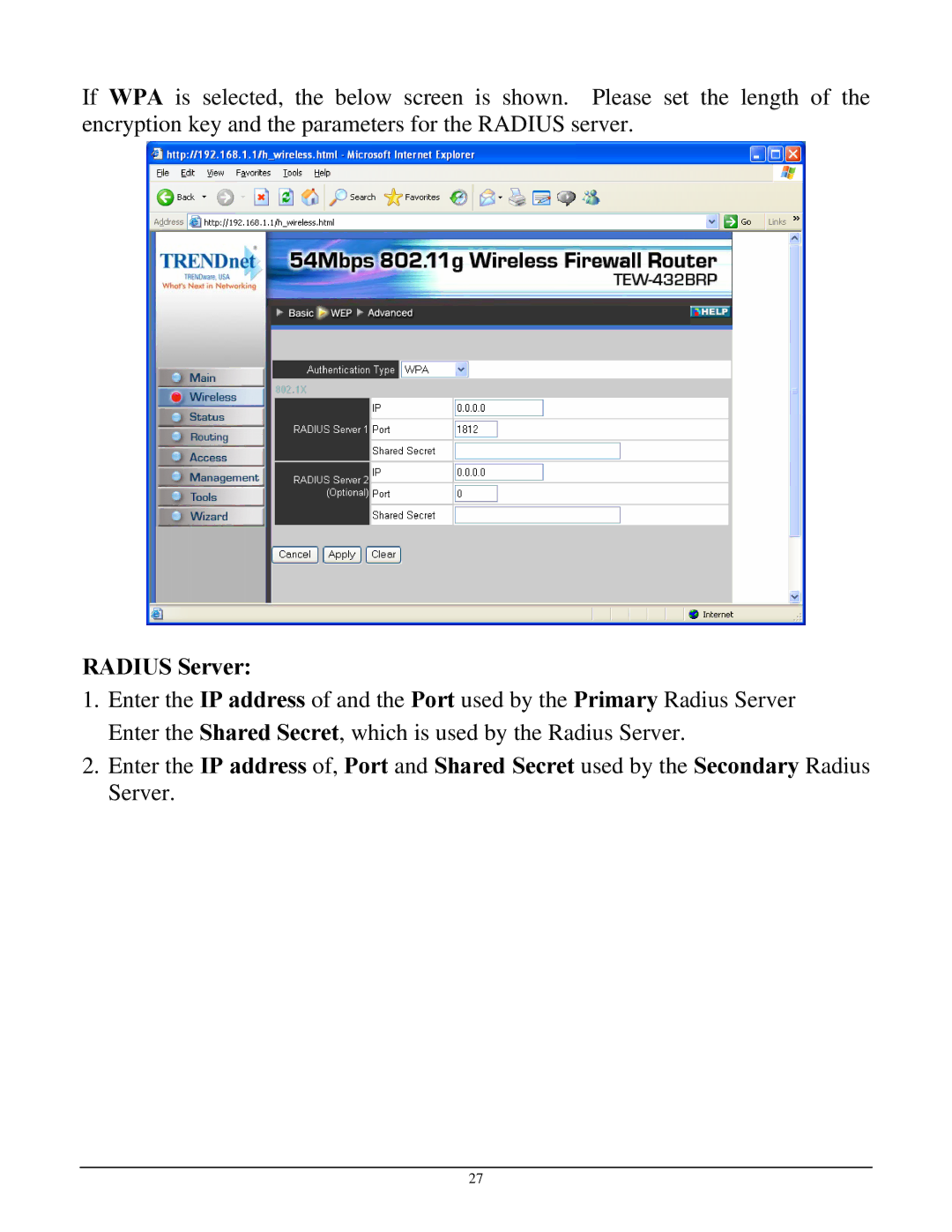 TRENDnet TEW-432BRP manual Radius Server 