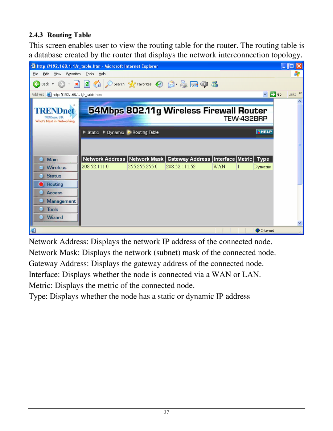 TRENDnet TEW-432BRP manual Routing Table 