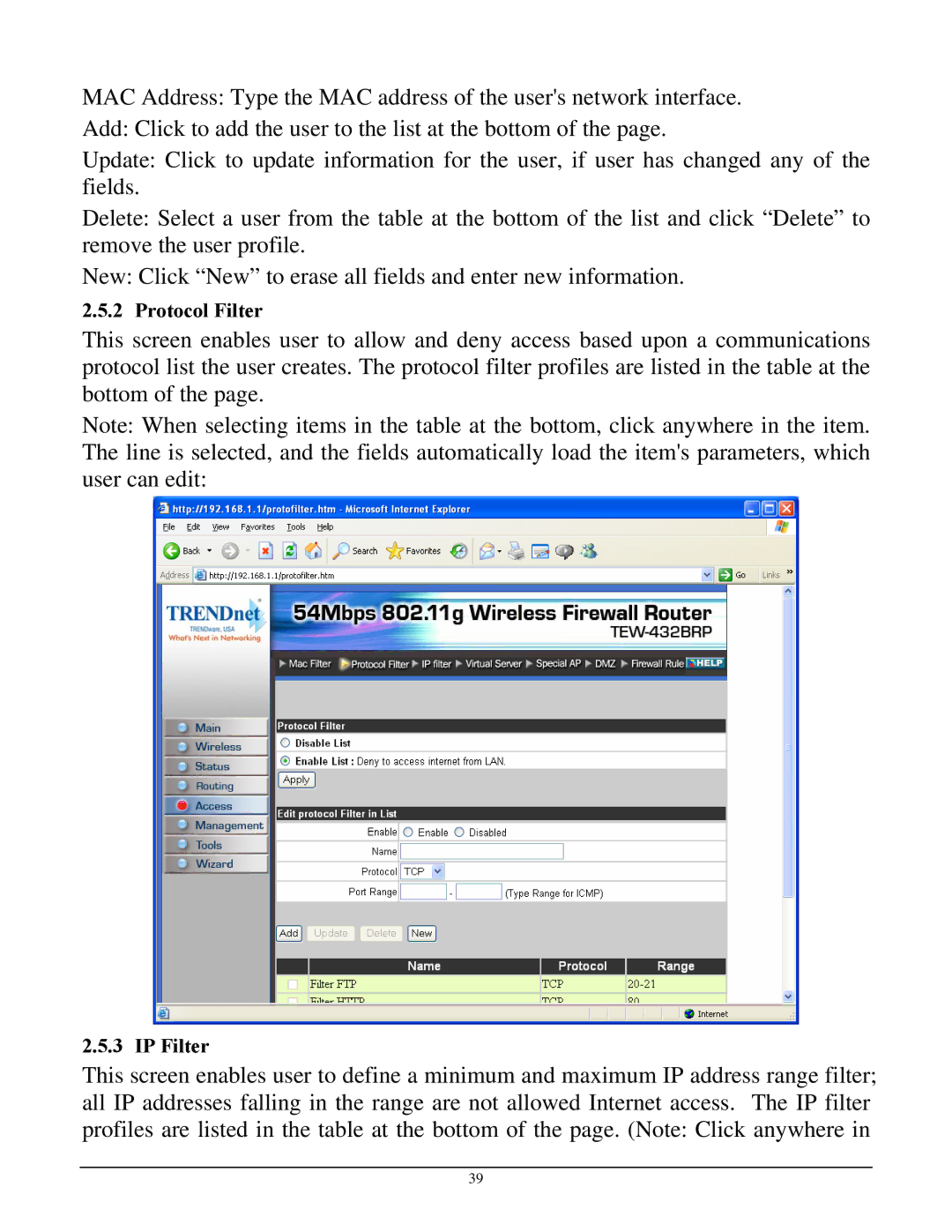 TRENDnet TEW-432BRP manual Protocol Filter 