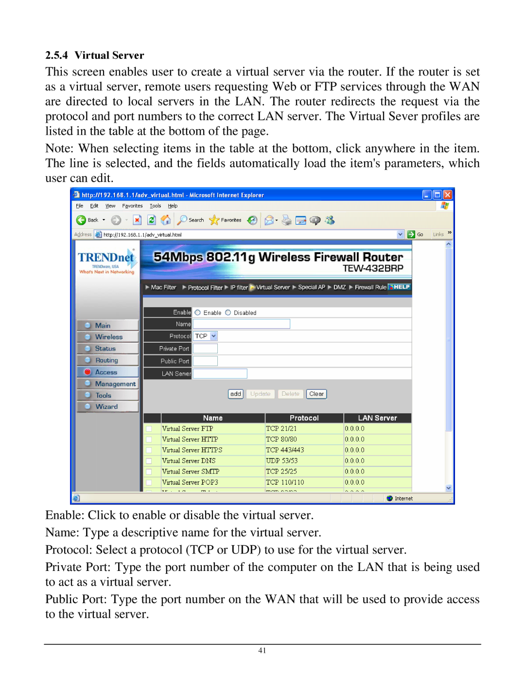 TRENDnet TEW-432BRP manual Virtual Server 