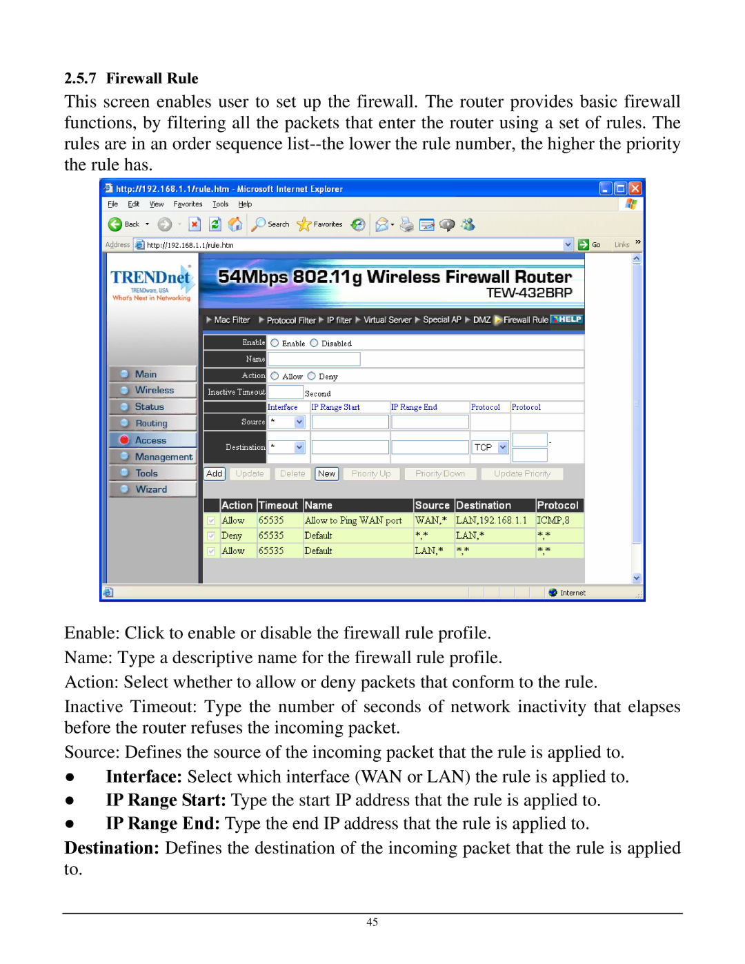 TRENDnet TEW-432BRP manual Firewall Rule 