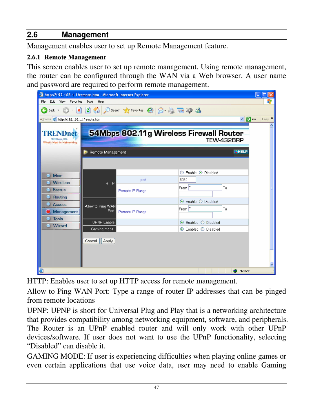 TRENDnet TEW-432BRP manual Management 