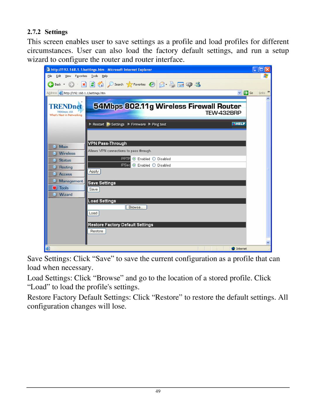 TRENDnet TEW-432BRP manual Settings 