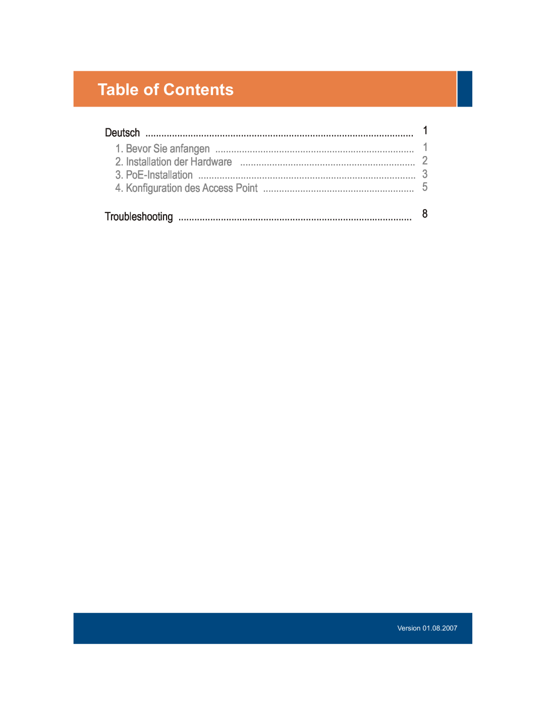 TRENDnet TEW-434APB manual Table of Contents, Bevor Sie anfangen, Installation der Hardware, PoE-Installation, Version 