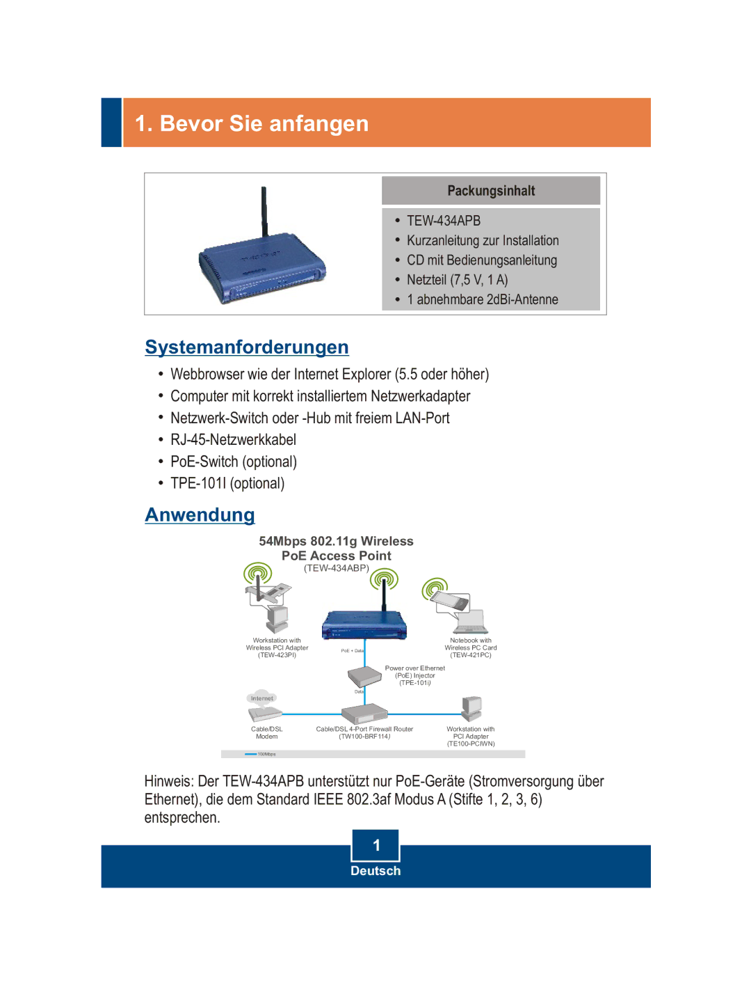 TRENDnet TEW-434APB manual Bevor Sie anfangen, Systemanforderungen, Anwendung, Packungsinhalt 