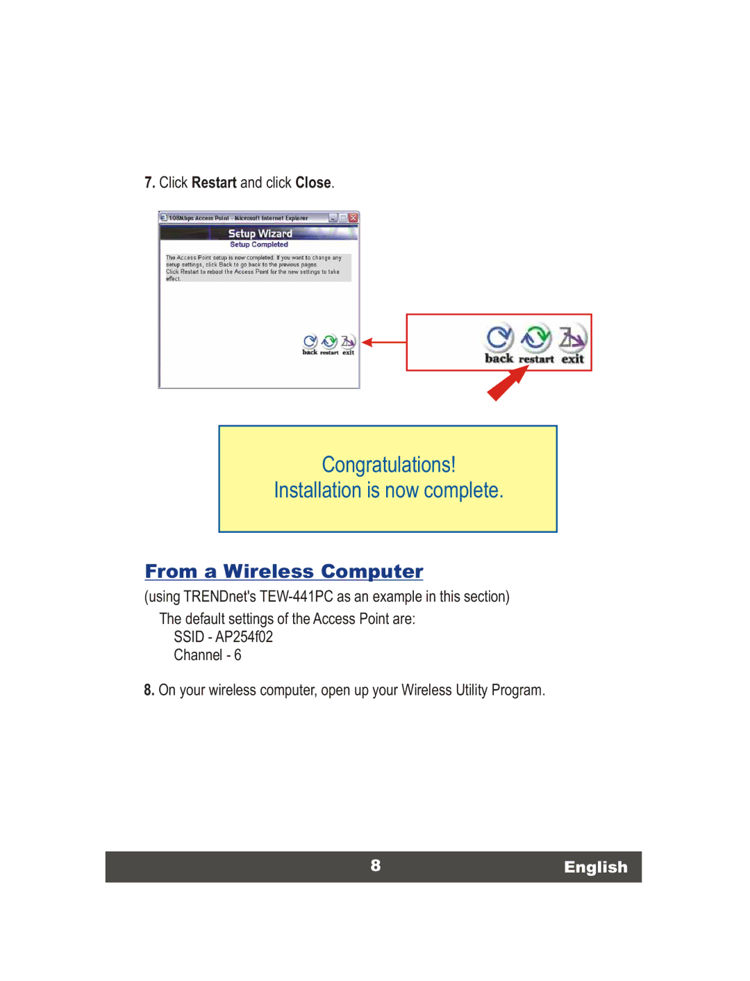 TRENDnet TEW-450APB, Super G Access Point manual From a Wireless Computer, 8English 