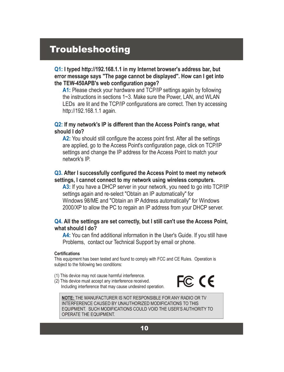 TRENDnet TEW-450APB, Super G Access Point manual Troubleshooting, Certifications 